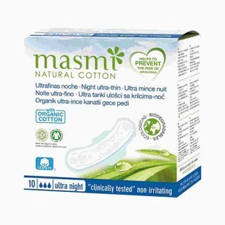 Masmi Ultra cienkie bawełniane podpaski ze skrzydełkami na noc organiczne 10 szt.