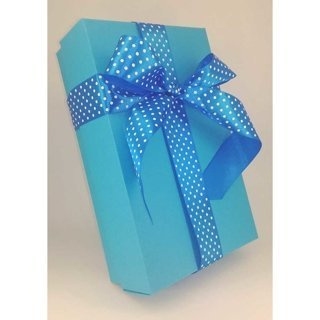 Opakowanie prezentowe, pudełko rozmiar L, wstążka niebieska w kropki
